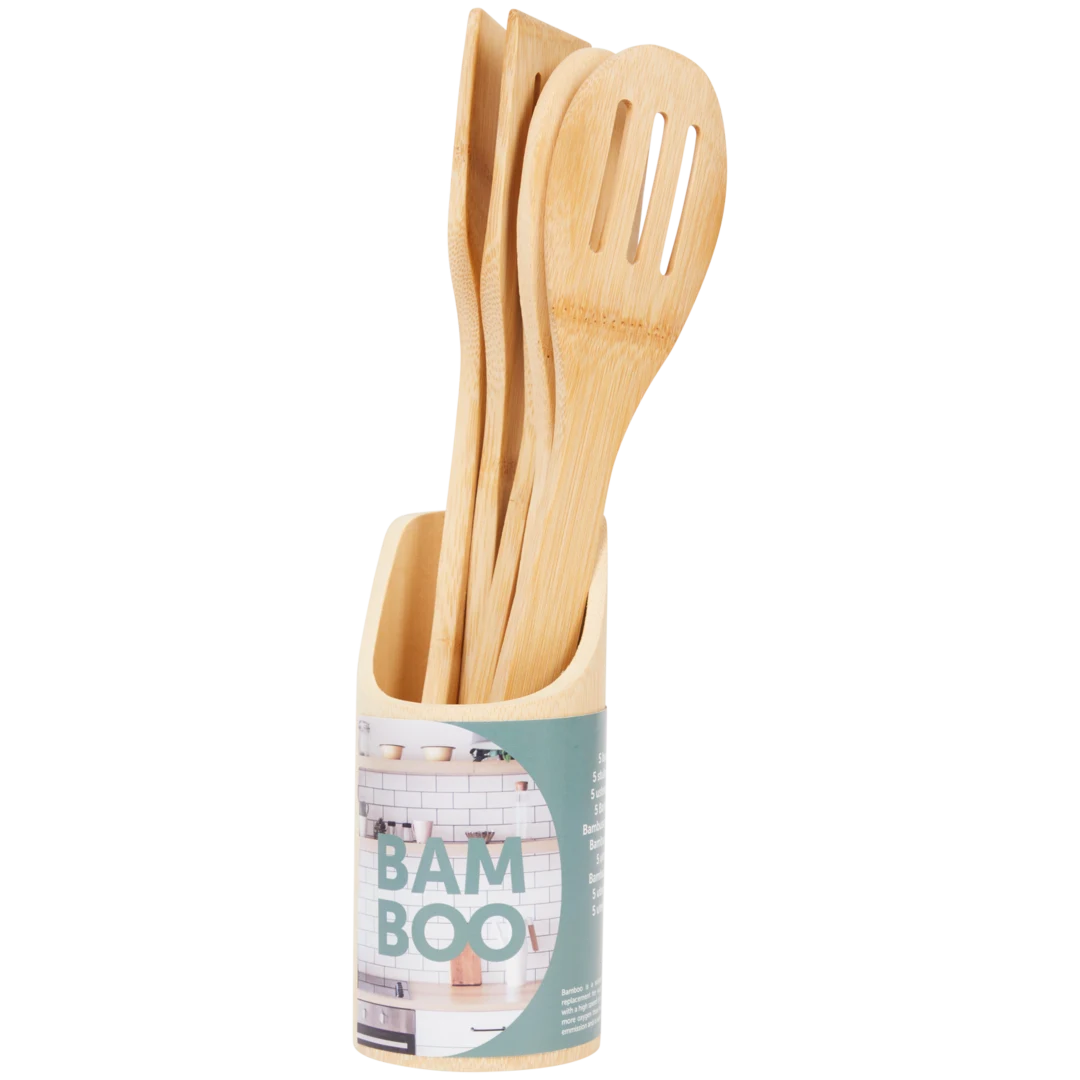 Suporte + conjunto de utensílios de cozinha de bambu
