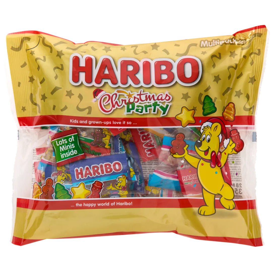 Balení plné malých sáčků Haribo Christmas Party