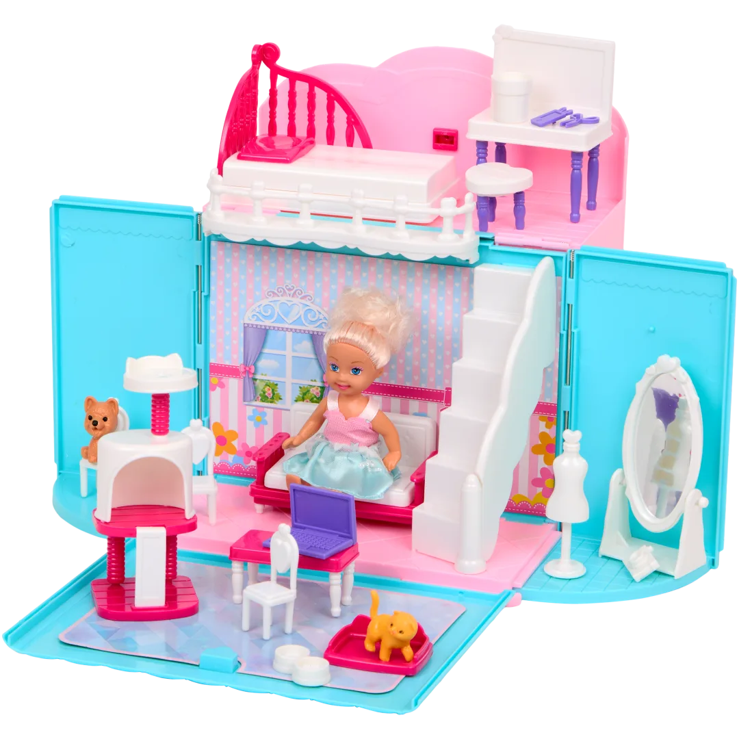 Puppe mit faltbarem Puppenhaus