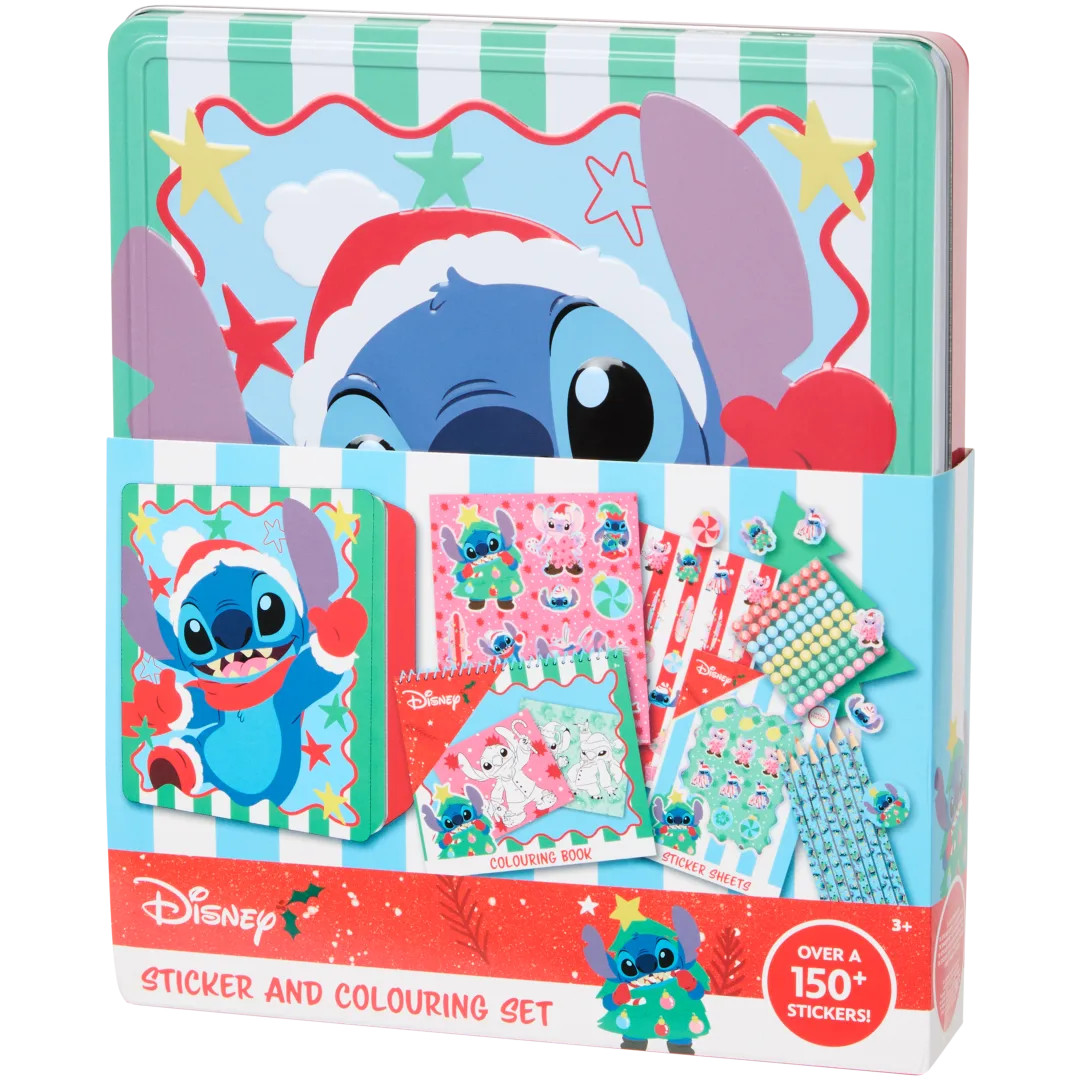 Conjunto de autocolantes e lápis de cor em lata de Natal
