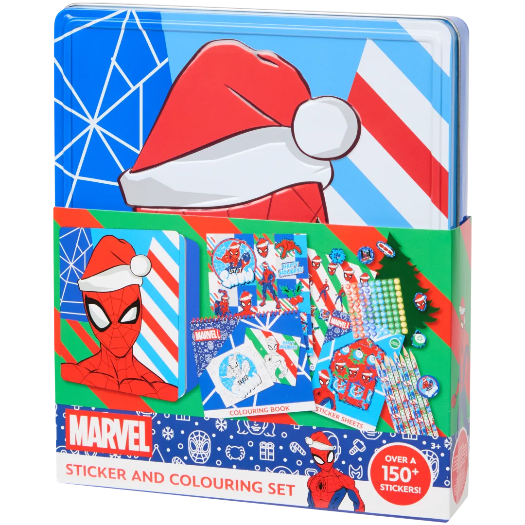 Conjunto de autocolantes e lápis de cor em lata de Natal