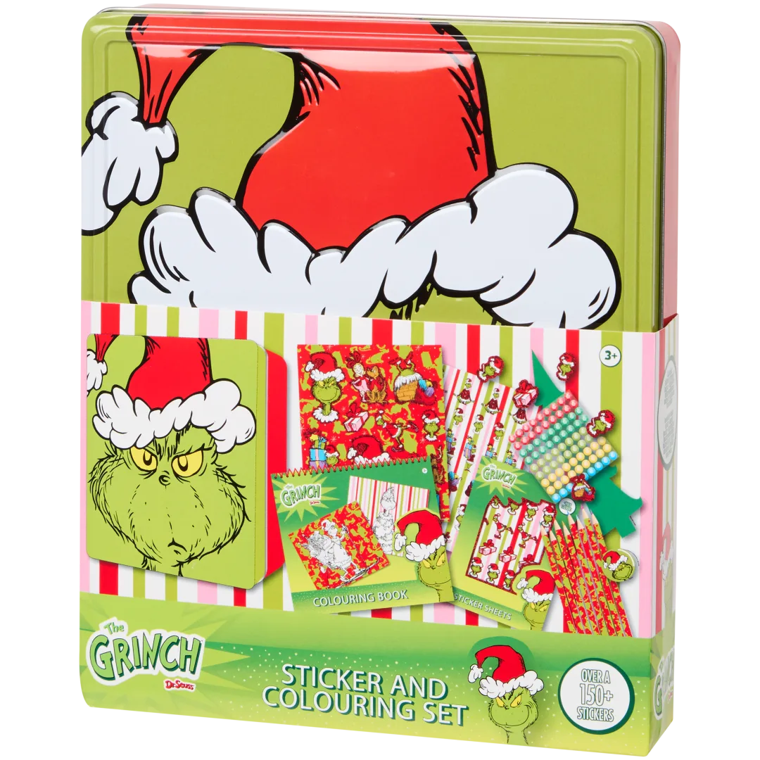 Scatola in lattina con adesivi natalizi e colori