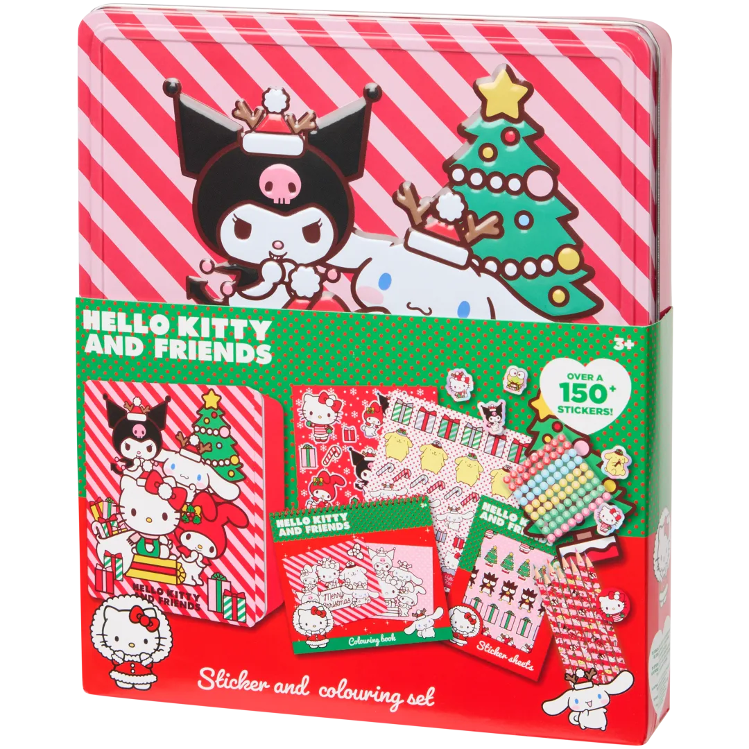 Conjunto de autocolantes e lápis de cor em lata de Natal