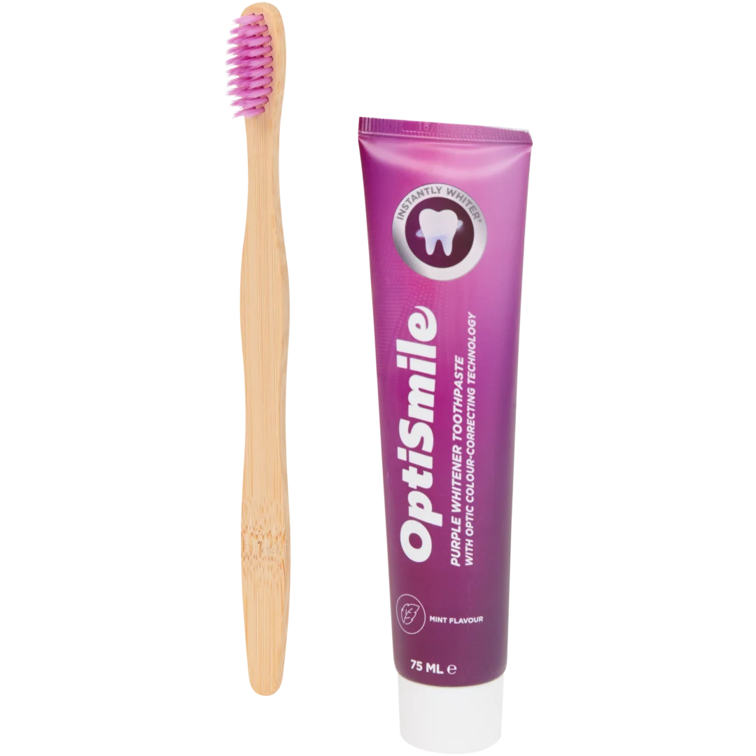 Dentifrice et brosse à dents OptiSmile Purple Whitening 1