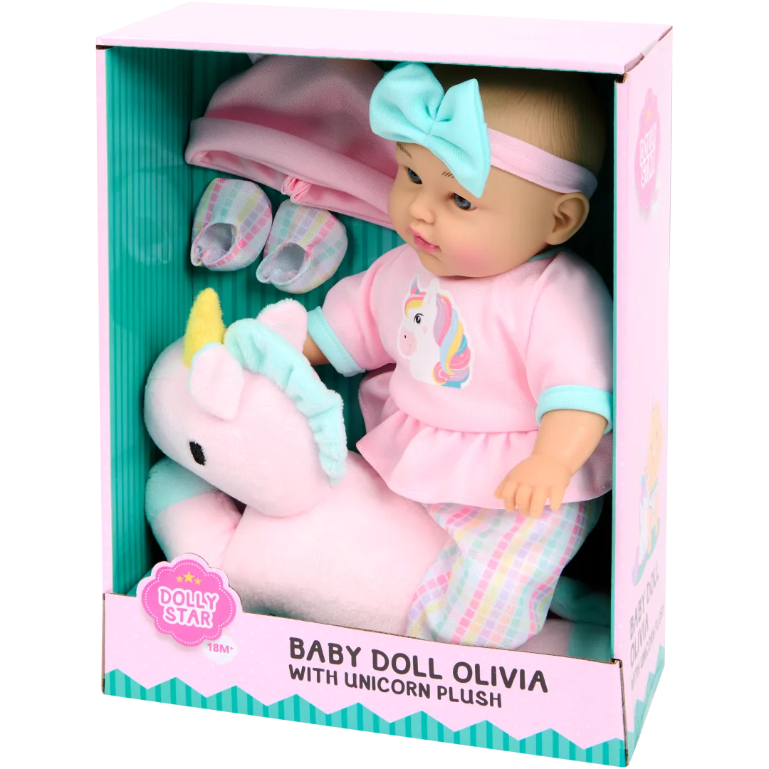 Lalka niemowlę Olivia z pluszowym jednorożcem Dolly Star