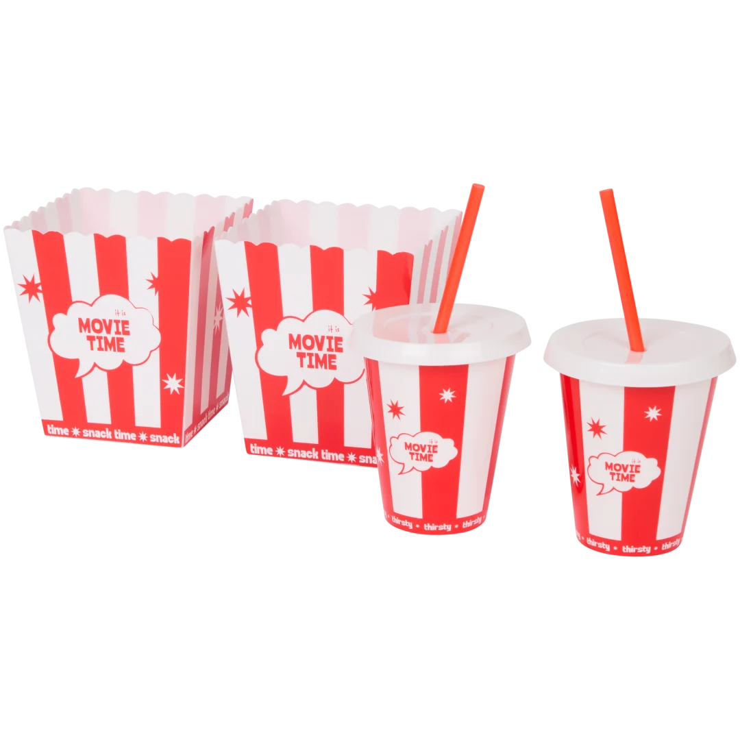 Bacs à popcorn et gobelets pour soirée cinéma