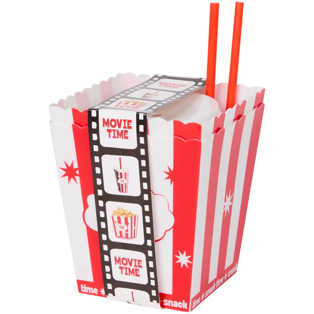 Bacs à popcorn et gobelets pour soirée cinéma