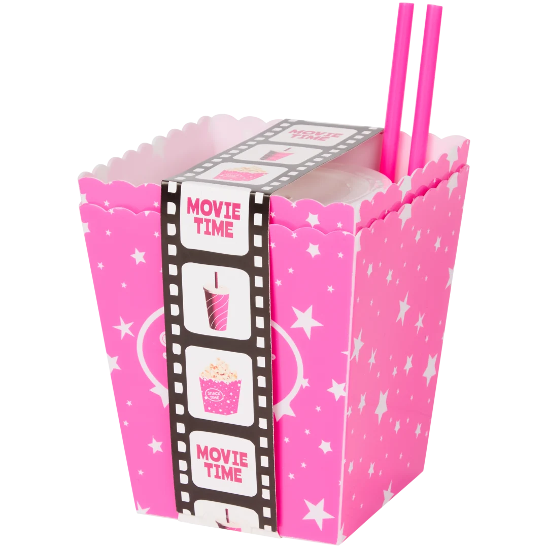 Bacs à popcorn et gobelets pour soirée cinéma