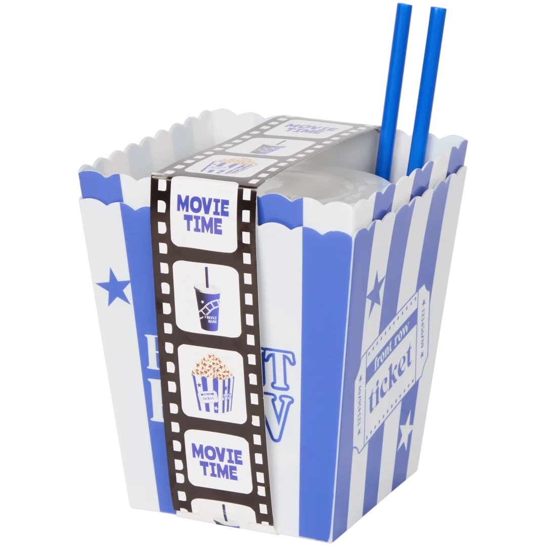 Bacs à popcorn et gobelets pour soirée cinéma