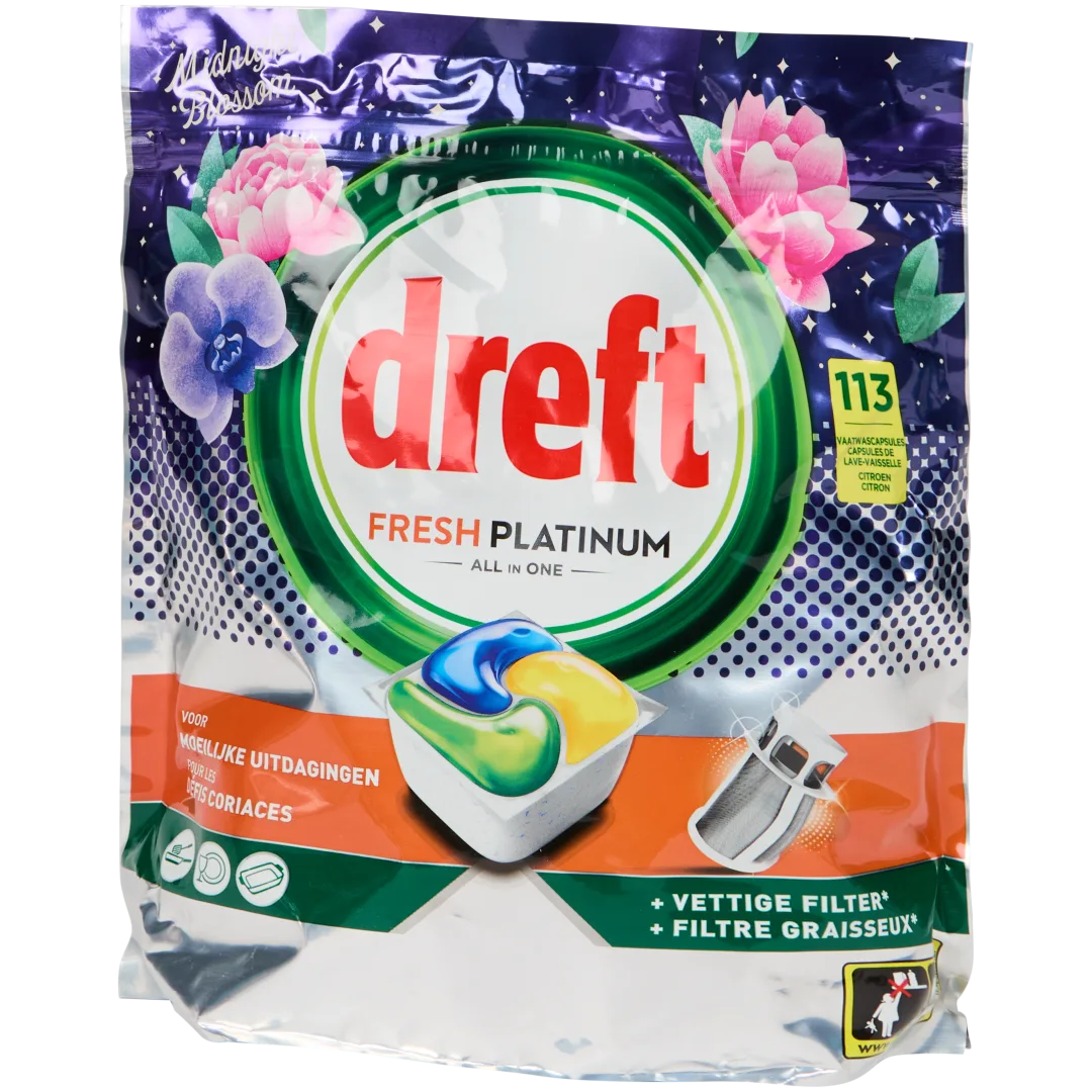 Dreft Platinum all-in-one vaatwastabletten Fresh Midnight Blossom 1