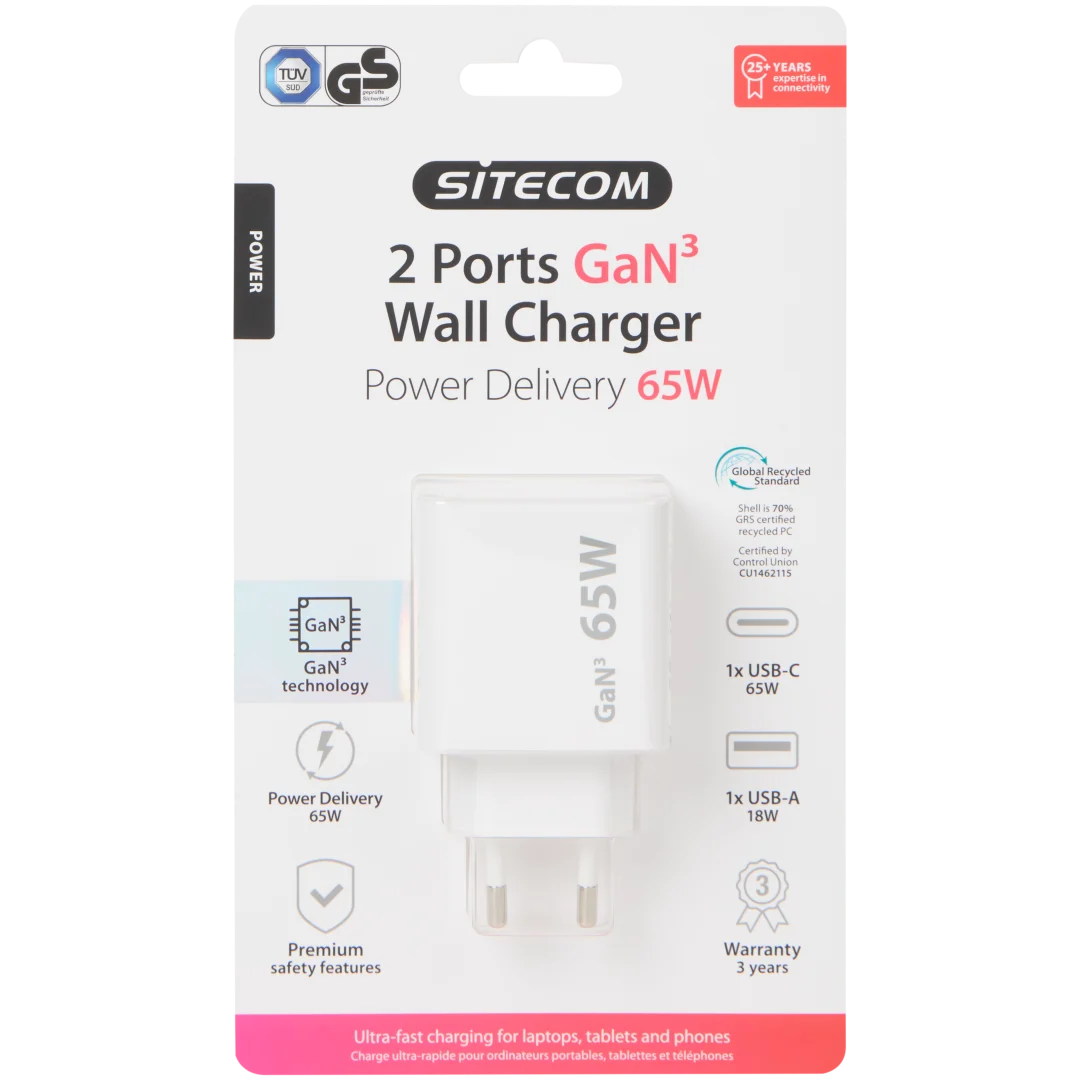 Sitecom GaN³-Schnellladegerät USB-A und USB-C