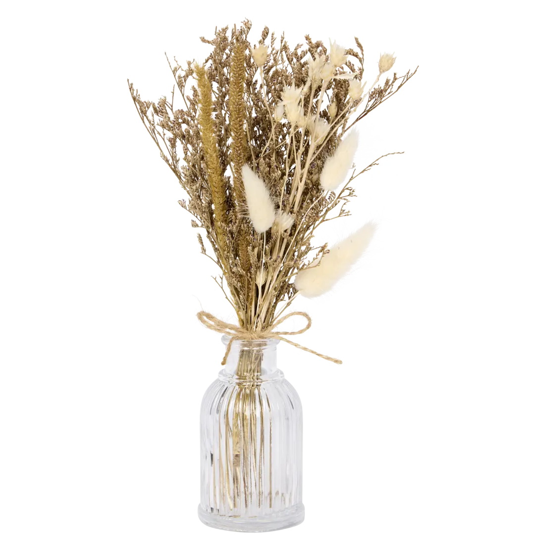 Bouquet séché dans vase en verre