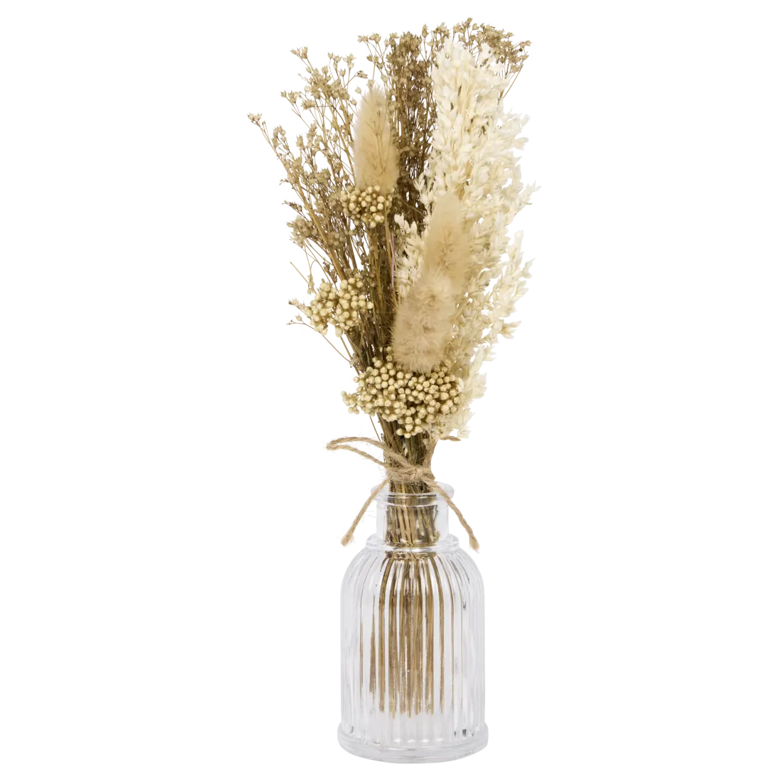 Bouquet séché dans vase en verre