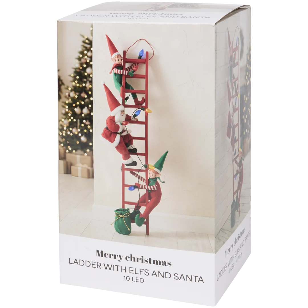 Escalera con elfos y Papá Noel