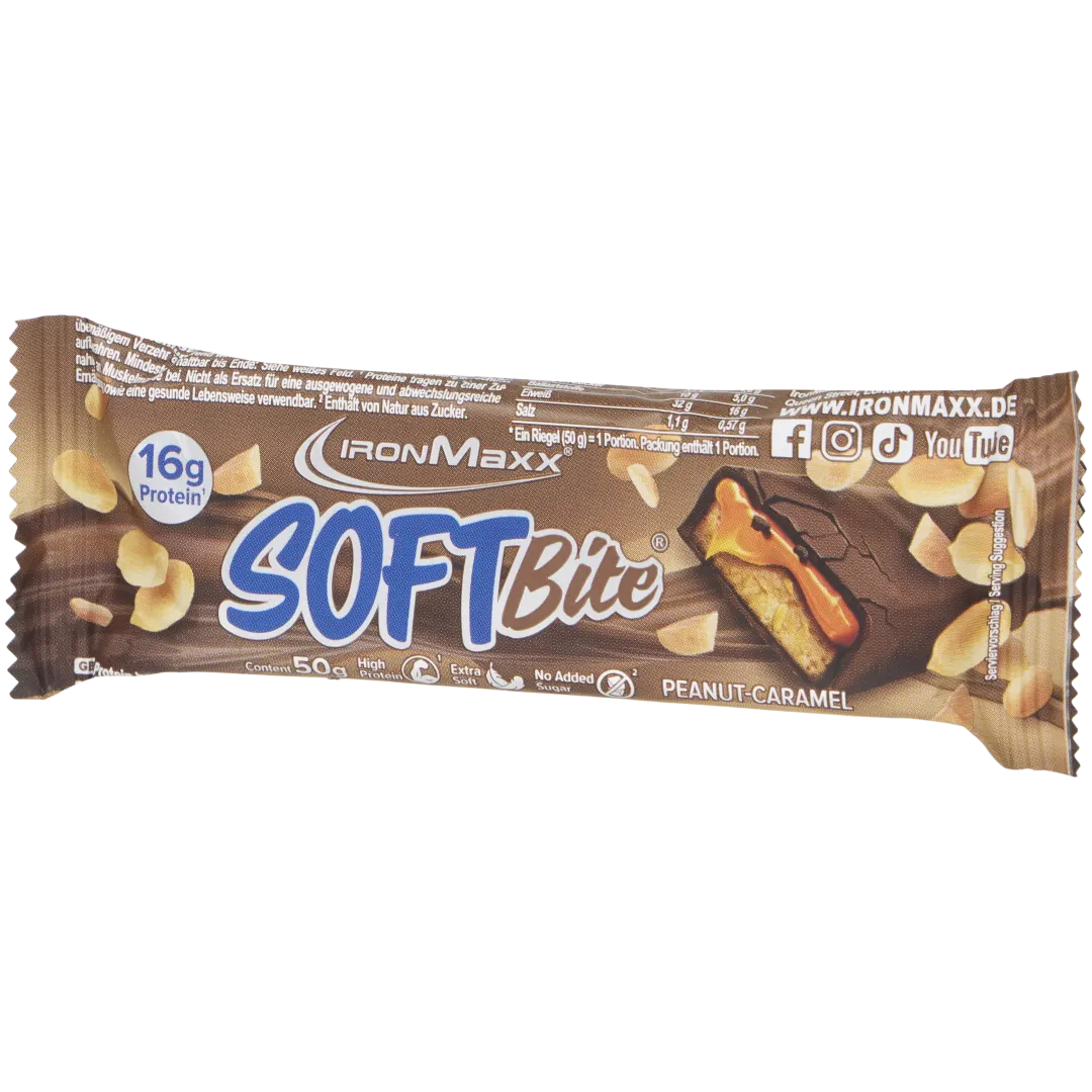 Barretta proteica IronMaxx Soft Bite Arachidi e caramello