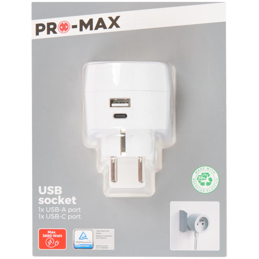 Pro-max stekkeradapter met USB-A en USB-C