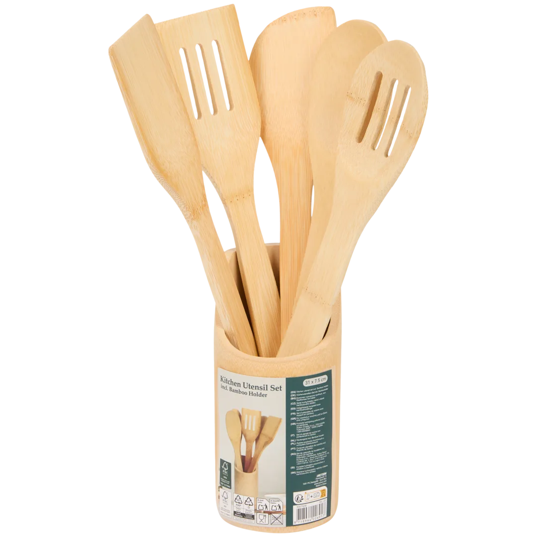 Zestaw bambusowych przyborów kuchennych w pojemniku