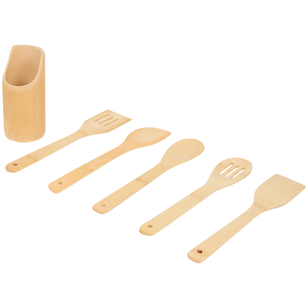 Zestaw bambusowych przyborów kuchennych w pojemniku