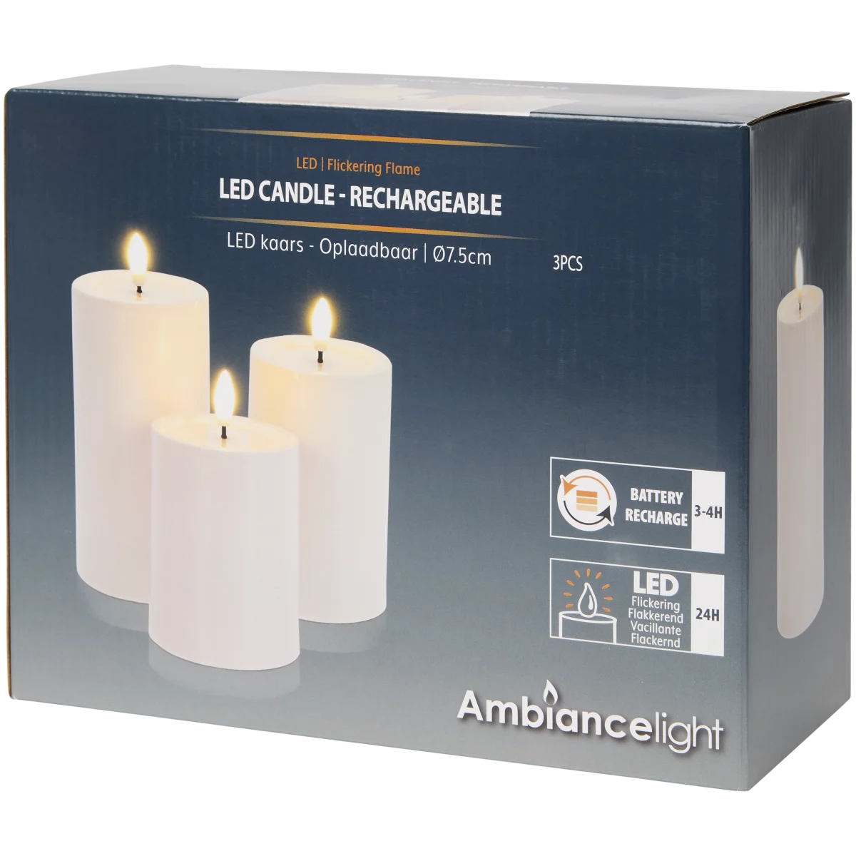 Aufladbare LED-Kerzen – Ø 7,5 cm, 3 Stück
