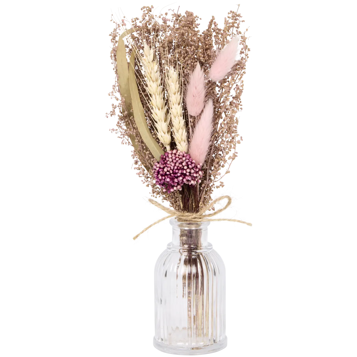 Trockenblumenstrauß in Glasvase – Beige, Rosa, Rot, Gelb