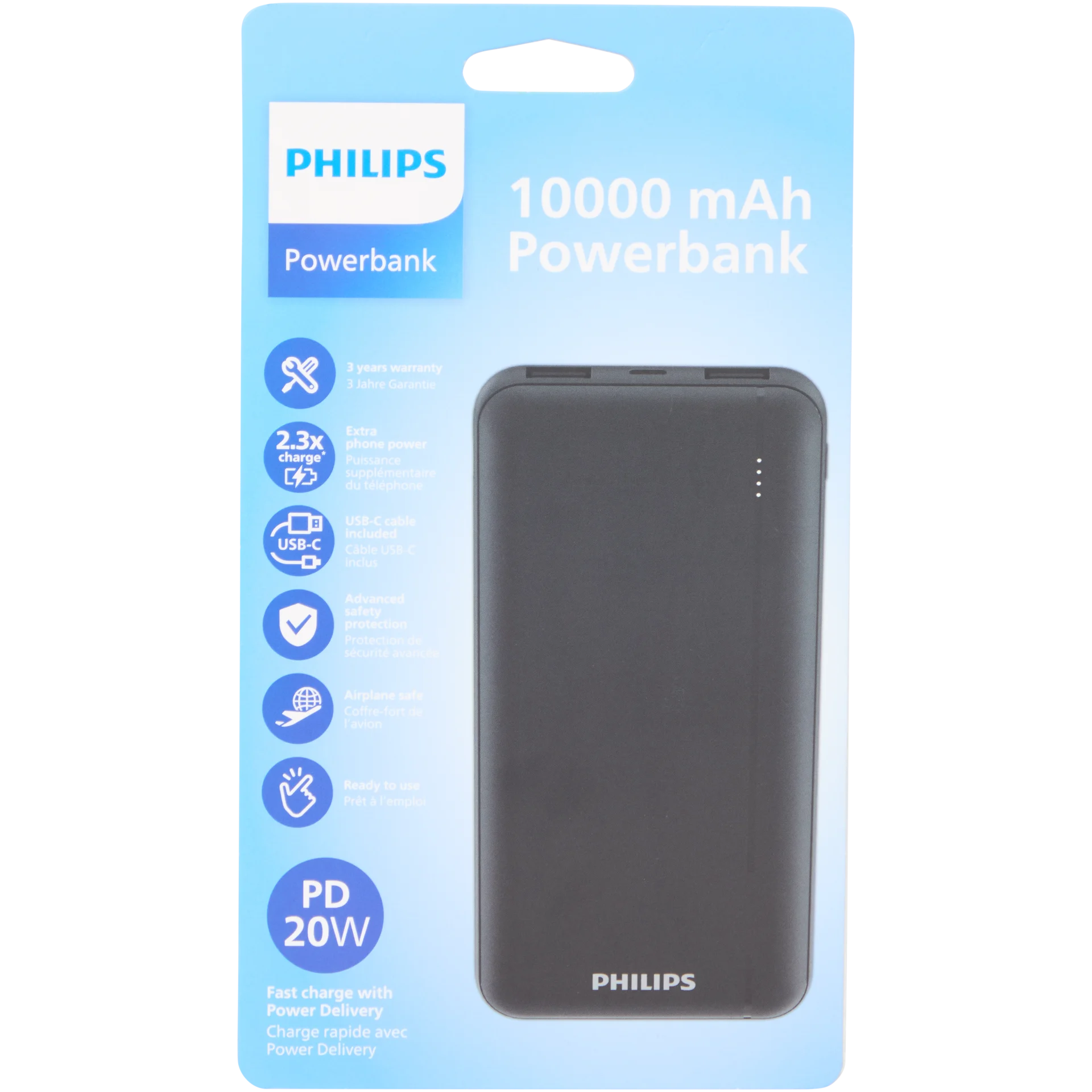 Power Bank Cellularline Roller 10000mAh Con Cavo USB-C Retrattile 70cm, Display LCD, 45W Per Laptop E Smartphone (Blu)